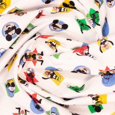 Tricot stof - French Terry - digitaal fantasie - multi - 24559-10 - Katoen stof - Disney Micky/Pluto/Donalds - wit/multi - 669116-20