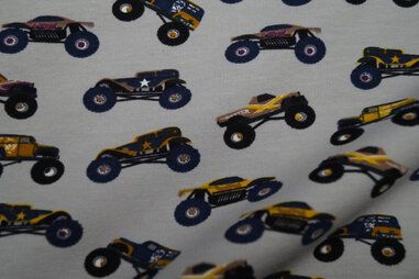 Voertuigen motief stoffen - Sweattricot - Monster trucks - grijs - 6012-055