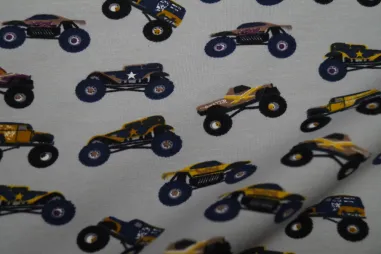 Voertuigen motief stoffen - Tricot stof - French Terry - monster trucks - grijs - 6012-055