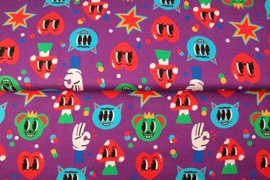 Paarse stoffen - Tricot stof - fantasieprint - paars - 20614-14
