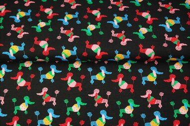 Pyjama stoffen - Tricot stof - poedels - zwart - 20610-20