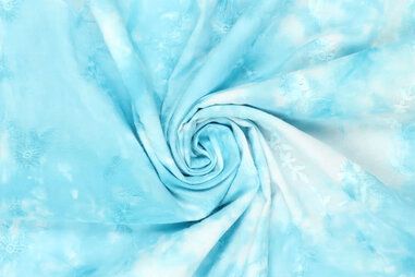 Geweven katoenen stoffen - Katoen stof - tie dye geborduurd - turquoise - 19706-660