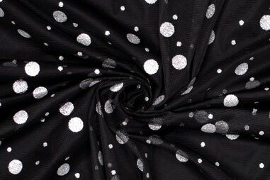 25gr/M² - Tule stof - dots - zwart zilver - 317063-71