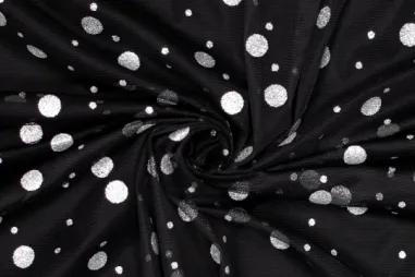 Kunstleer stof - licht - zilver - 8334-014 - Tule stof - dots - zwart zilver - 317063-71