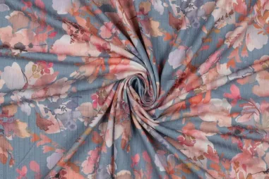 Bloemen Tricot - Jersey Stoff - digitale Rippenblätter - jeansblau - 5925-008