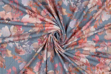 Tricot stoffen - Tricot stof - digitaal rib bladeren - jeansblauw - 5925-008