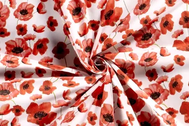 katoenen stoffen bloemen - Katoen stof - poplin - klaprozen - wit rood - 19747-050