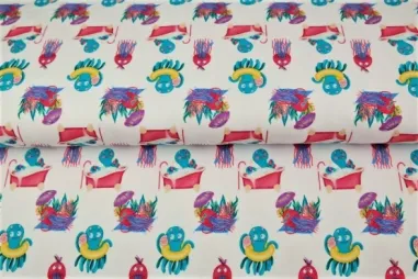 Zomer stoffen - Tricot stof - digitaal fantasieprint octopus kwal - wit multi - 21275-02