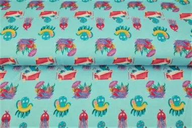 Multi stoffen - Tricot stof - digitaal fantasieprint octopus kwal - turquoise multi - 21275-09