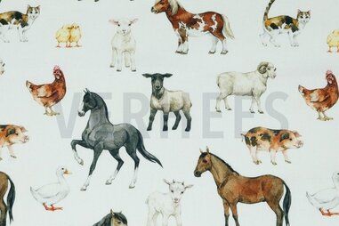 Dierenprint stoffen - Canvas stof - digitaal boerderij dieren - wit - 9281-001