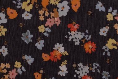 75gr/M² - Polyester stof - Chiffon Foil bloemen - zwart - 17938-998