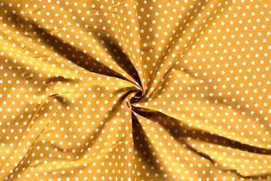 Stretch stof - Satin stretch - oker - 0748-570 - Katoen stof - kleine sterretjes - okergeel - 1266-034