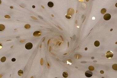Doorschijnende stoffen - Tule stof - stippen goud - gebroken wit - 999758-10