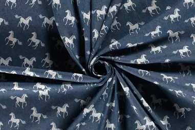 75% katoen, 23% polyester, 2% elastan stoffen - Spijkerstof - stretch - paarden - blauw - 20009-003