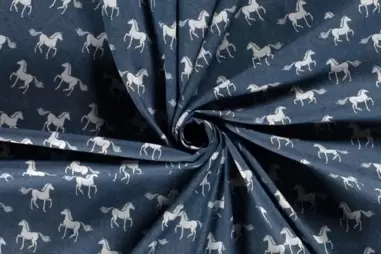 Nooteboom stoffen uitverkoop - Spijkerstof - stretch - paarden - blauw - 20009-003