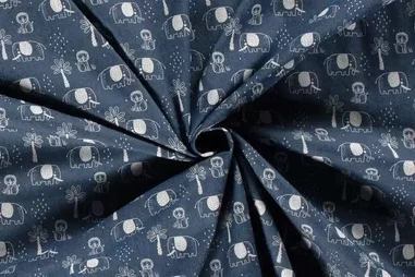 75% katoen, 23% polyester, 2% elastan stoffen - Spijkerstof - stretch - dieren - blauw - 20012-003