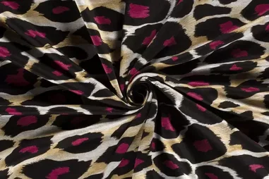 55% polyester, 45% viscose stoffen - Tricot stof - poly viscose - panter - fuchsia - 20103-017