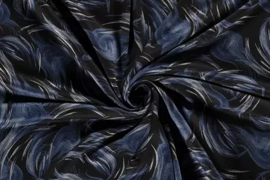 55% polyester, 45% viscose stoffen - Tricot stof - poly viscose - abstract - zwart/indigo - 20105-006