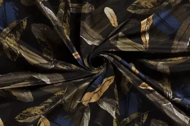 55% polyester, 45% viscose stoffen - Tricot stof - poly viscose - bladeren - bruin/blauw/geel - 20139-027