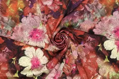 Bruidssatijn - Satijn stof - stretch satijn - bloemen - multi rood - 20115-445