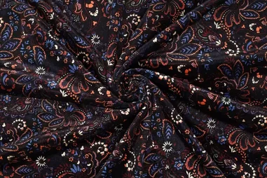 Blauwpaarse stoffen - Velours stof - velvet - paisley bloemen - blauwpaars/camel/bordeaux/zwart - 20249-800
