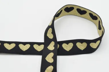 25 mm band - Elastiek hartjes 25 mm - zwart goud - XET39-575-025