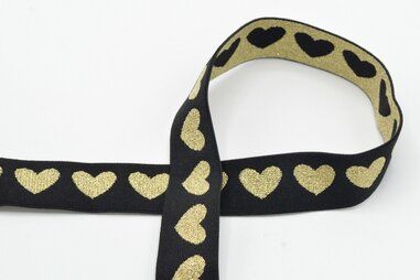 25 mm Band - Gummiband Herzen 25 mm - Schwarzgold - XET39-575-025