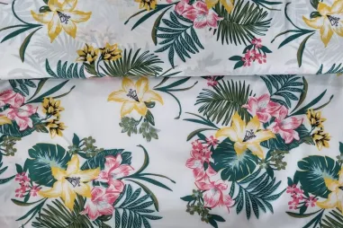Bladeren motief - Viscose stof - bloemen en bladeren - wit - B209