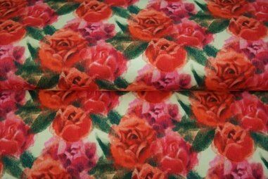 Witte tricot stoffen - Tricot stof - digitaal bloemen - rood - 22912-11