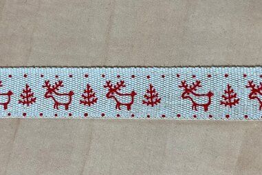 Sierband* - Ripslint 15 mm - eland met kerstboom - wit rood - RB1006.15.056