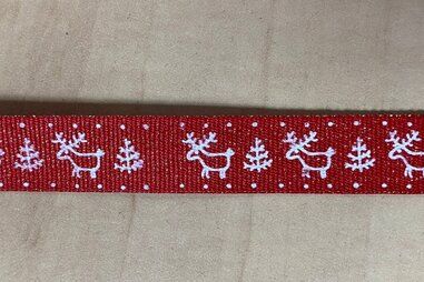 Sierband* - Ripslint 15 mm - eland met kerstboom - rood wit - RB1006.15.014