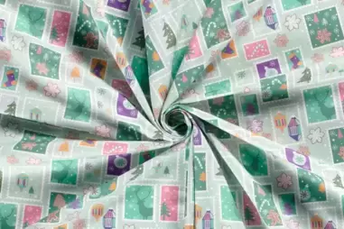 Gordijnstoffen - Kerst katoen stof - sneeuwvlokjes/postzegels - mint - 20765-021