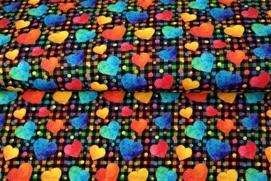 Multi kleur stoffen - Tricot stof - French terry - digitaal geruit hartjes - multi -22533-11