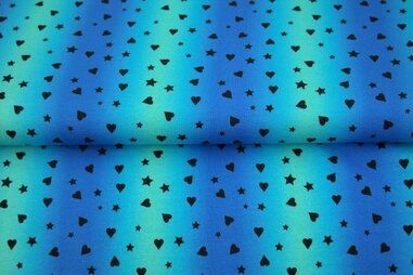 Uitverkoop - Tricot stof - French Terry - digitaal sterretjes en hartjes - blauw - 22563-09