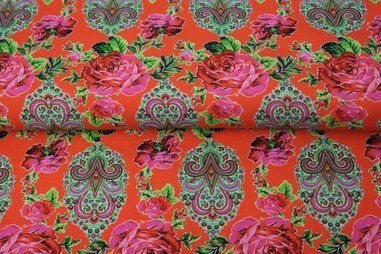 Stenzo stoffen - Tricot stof - French Terry - digitaal - bloemen abstract - oranje - 22554-11