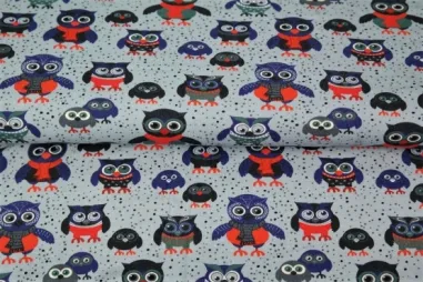 Uitverkoop - Tricot stof - uilen - lichtblauw - 22617-09