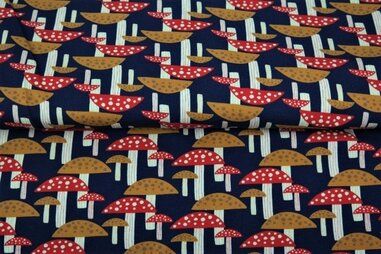 Mushroom stoffen - Tricot stof - digitaal mushrooms - donkerblauw - 22608-15