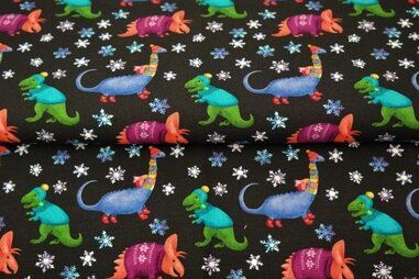 Tricot katoen stoffen - Tricot stof - French Terry - digitaal dino's winter - bruin - 22548-16
