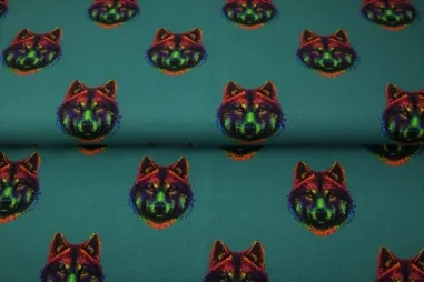 Wolf stoffen - Tricot stof - French Terry - digitaal fantasie wolf - turquoise - 22593-99