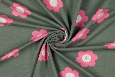Oud groene stoffen - Tricot stof - French Terry - bloemen - oudgroen roze - 22/5799-002