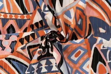 Laagjes kleding stoffen - PC 2442-960 Voile stof - katoen - lurex - oranje jeansblauw multi - abstract