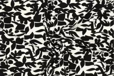 180gr/M² - Viscose stof - linnenmix - bladeren abstract - zwart wit - 20660-020