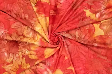 58% polyester, 38% viscose, 4% elastan - Tricot stof - Tie Dye - bloemen - rood - 20607-445