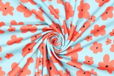 Zomer stoffen - Stretch stof - bloemen - lichtblauw oranje - 310192-30