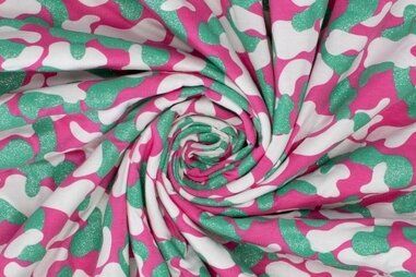 Camouflage stoffen - Tricot stof - glitter camouflage - roze groen wit - 340169-30