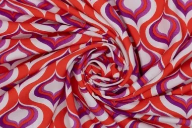 Retro motief stoffen - Viscose stof - digitaal fantasie - oranjerood paars wit - 321065-10