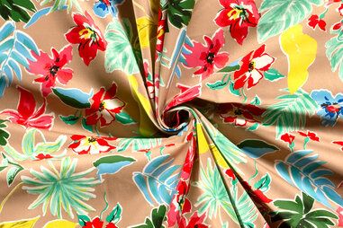 Uitverkoop - Katoen stof - katoen satijn - bloemen - camel - 21084-053