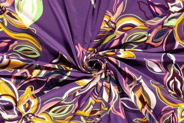 Lila Stoffe - Tricot stof - bloemen - paars - 21116-044