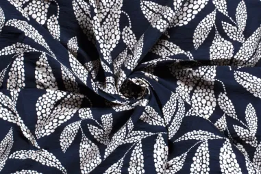 86% viscose, 14% polyamide stoffen - Viscose stof - nylon crepe - bladeren - marineblauw - 21132-008