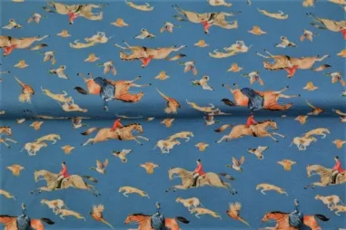 Blauwe stoffen - Tricot stof - digitaal paarden - blauw - 23912-09